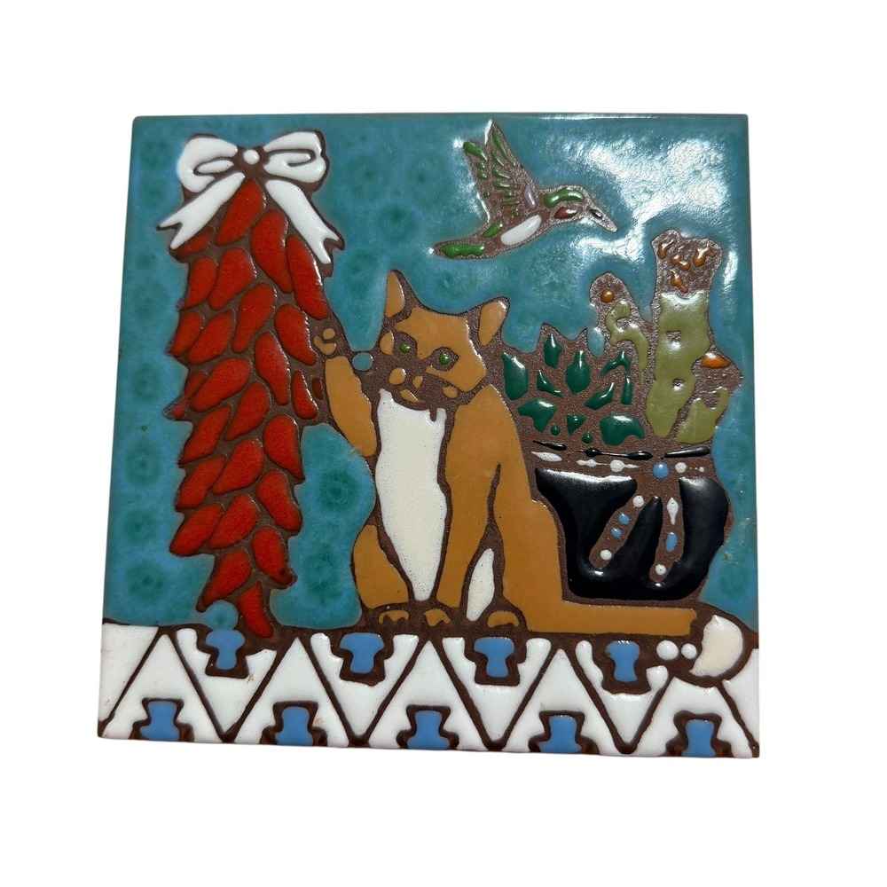 Earthtones Cat Decorative Art Tile Southwestern Chili Ristra Hummingbird 6x6
